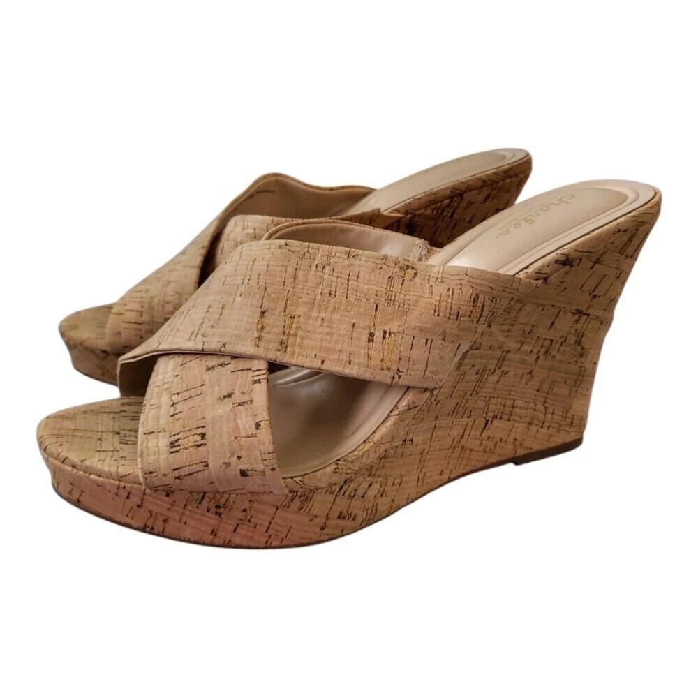 CHARLES DAVID Beige Cork Latrice 11 Open Toe Criss Cross Platform Wedge Sandals